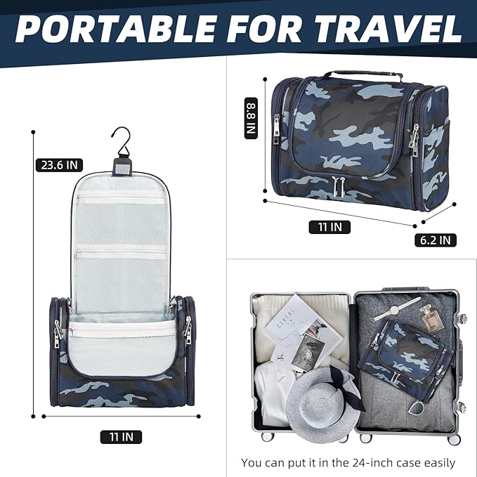 Buruis Large Capacity Toiletry Bag for Women and Men, Hanging Toiletry Organizer Cosmetics Makeup Bag, Water-resistant Dopp Kit Shaving Bags for Full Sized Toiletries, Travel Essentials (Camo Blue)