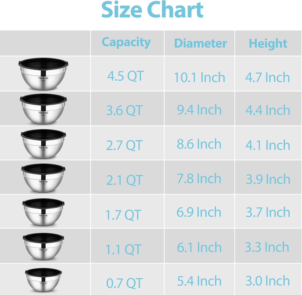 YIHONG 7 Piece Metal Mixing Bowls with Lids for Kitchen, Stainless Steel Set Ideal for Baking, Prepping, Cooking and Serving Food, Nesting Design for Space Saving Storage(Black)