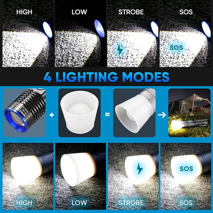 NAKCNM Rechargeable Flashlights High Lumens, 2 Pack 25000 Lumens 4 Modes, Small Magnetic Flashlight Pocket with Clip & Diffuser, Handheld Flashlight Lantern for Camping(Black&Silver)