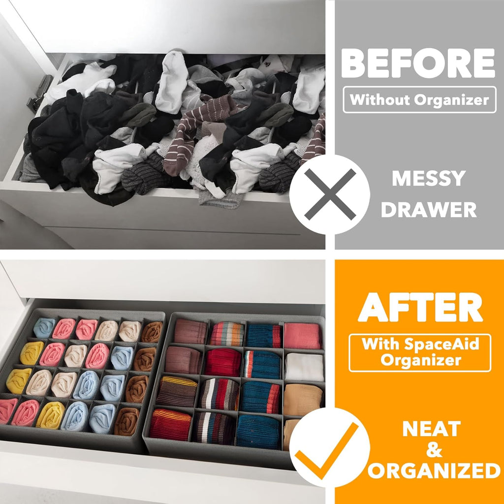 SpaceAid Sock Drawer Organizer Divider 3 Pack, 64 Cell Dresser Closet Nursery Underwear Organizers Storage Bins for Organizing Socks Underwear Ties Belts (Grey)