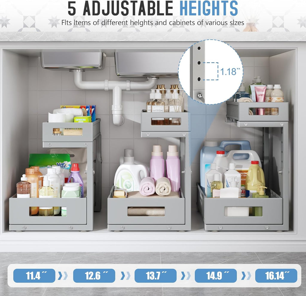 1 Pack-11.4"-16.14" H Under Sink Storage Organizer, Large 2-Tier Elegant Mesh Pull Out Shelf for Kitchen & Bathroom Cabinet Organization, L-Shaped, Adjustable Height-Gun Gray