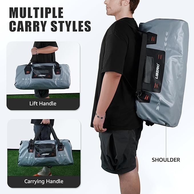 LIBZAKI Stormproof Rolltop Duffel Bag - Extra Large Waterproof Dry Bag for Kayaking, SUP & Outdoor Gear Storage, Reinforced PVC Base 70L Black/Gray