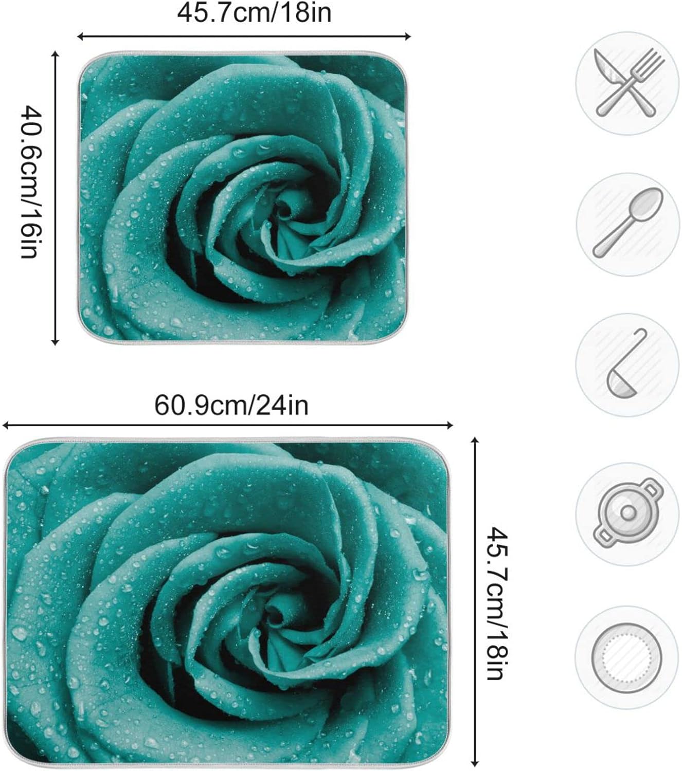 Super Absorbent Dish Drying Mat, Microfiber Fast-Drying Dish Mat, 16" x 18", Kitchen Dish Drying Pad Hipster Turquoise Rose Petals