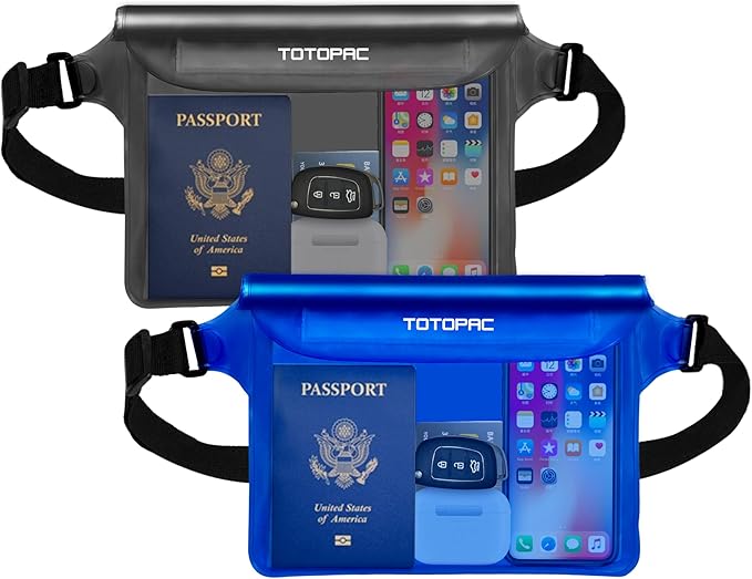 2-Pack Waterproof Fanny Pack, Phone Pouch with Waist Strap, 9x6.7 Inch Dry Bag for Phone, Cash, and Valuables – for Swimming, Kayaking, Boating, Snorkeling, and Water Sports (2, Grey + Blue)