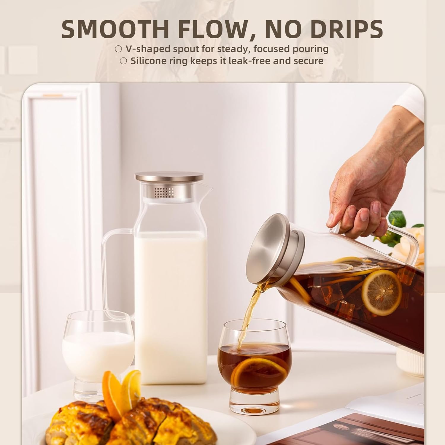 2 Pack Square Glass Water Pitcher with Lid and Spout, 2L/68oz Heat Resistant Borosilicate Glass Carafe, Temperature Safe