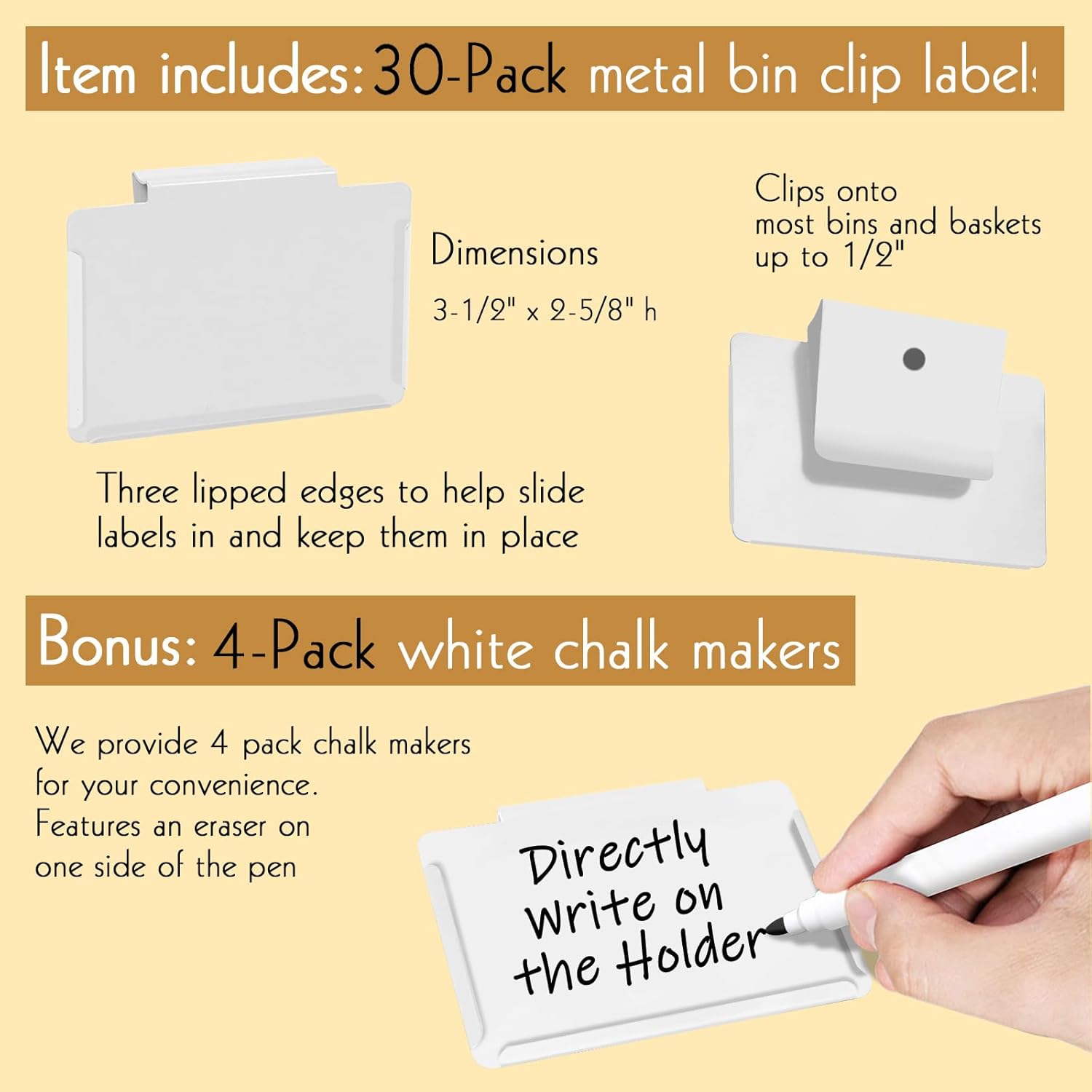 Basket Labels Clip on | Label Holders for Basket or Storage Bins Includes Black Chalk Markers (30 White Holders + 4 Black Chalk Makers)