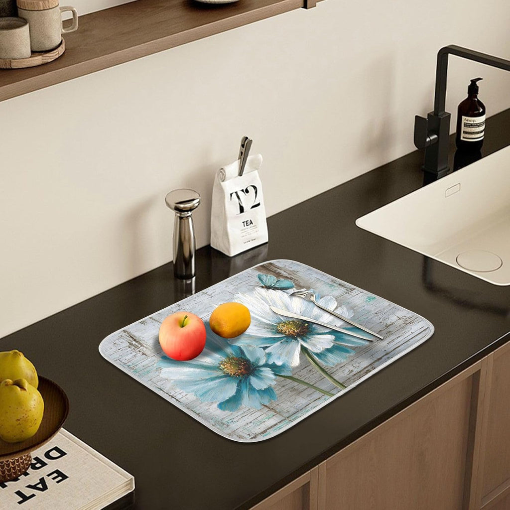 Rustic Teal White Daisy on Vintage Wooden Dish Drying Mat for Kitchen Counter Absorbent Microfiber Small Drying Pad Dish mats for Kitchen Countertops 16 x 18 Inch