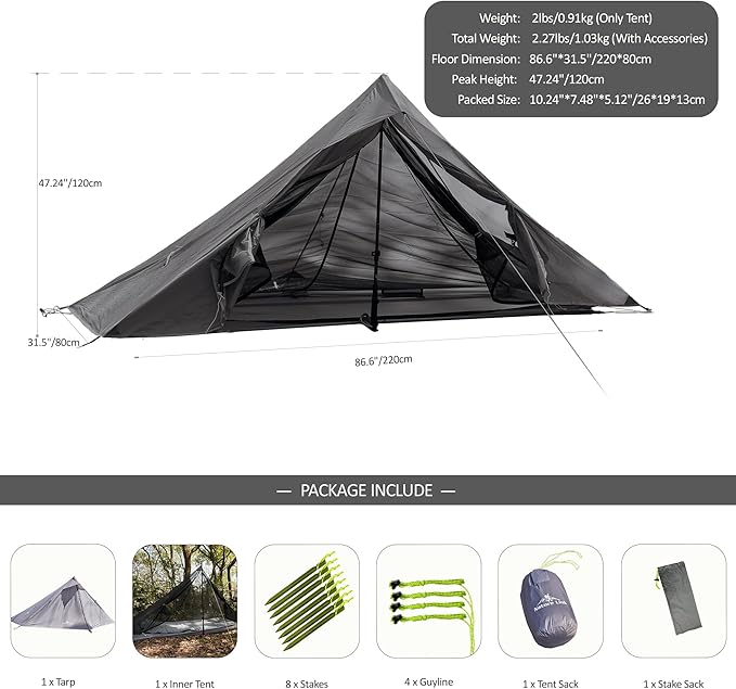 Altair One Ultralight Trekking Pole Backpacking Tent, Waterproof SIL Nylon, Double Wall, 3 Season, 1 Person Shelter for Backpacking, Hiking, Camping, Trekking, Bushcraft