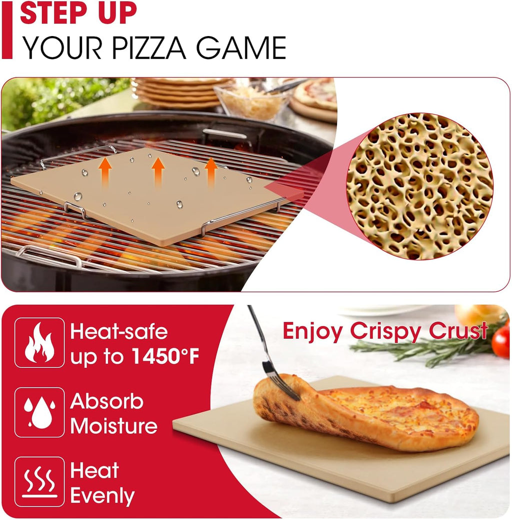 Unicook Pizza Stone for Oven and Grill, 15 x 12 Inch Rectangular Baking Stone for Bread, Cordierite Pizza Pan for Baking Crispy Bread, Pie and Cookies, Includes Carry Rack and Dough Scraper