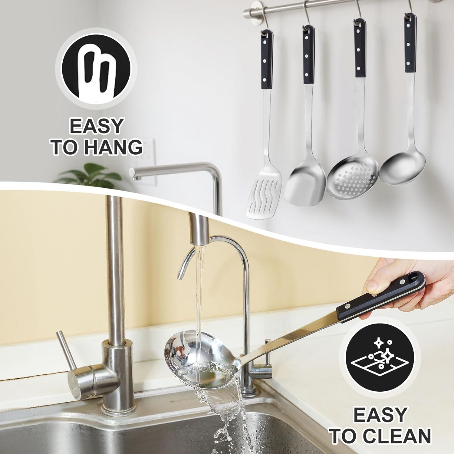 Pleafind 4-Pcs Cooking Utensils Set, Stainless Steel Kitchen Utensils, Mirror Polished Kitchen Essentials Set Include Wok Ladle, Slotted Spoon, Wok Spatula ＆Slotted Spatula, Dishwasher Safe