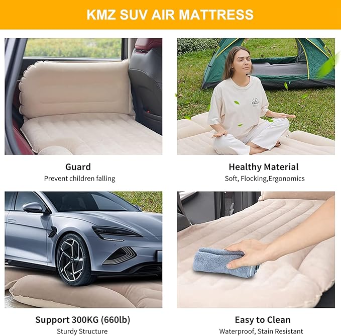 KMZ SUV Air Mattress Thickened and Double-Sided Flocking Travel Camping Bed with 2 Pillows & Electric Pump Dedicated Mobile Cushion Inflatable Bed for SUV Trunk and Rear Seat (Beige and Coffee)