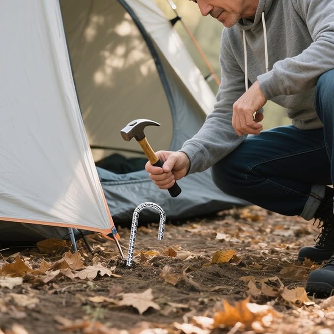 Rebar Stakes 12 Inch 6 Pack Tent Stakes Heavy Duty Metal J Hook, for Trampoline, Fence, Camping Tent (6, J-12 x5/16 Silver)