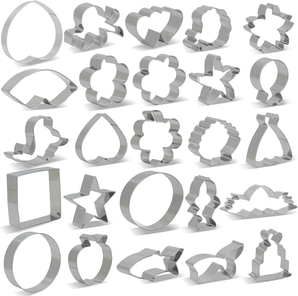 Metal Cookie Cutter 25-Piece set,Valentine's Day,Ocean,Flowers and Everyday Shapes Cookie Cutters Set,Dough Cutter,Stainless Steel and Piping Bag
