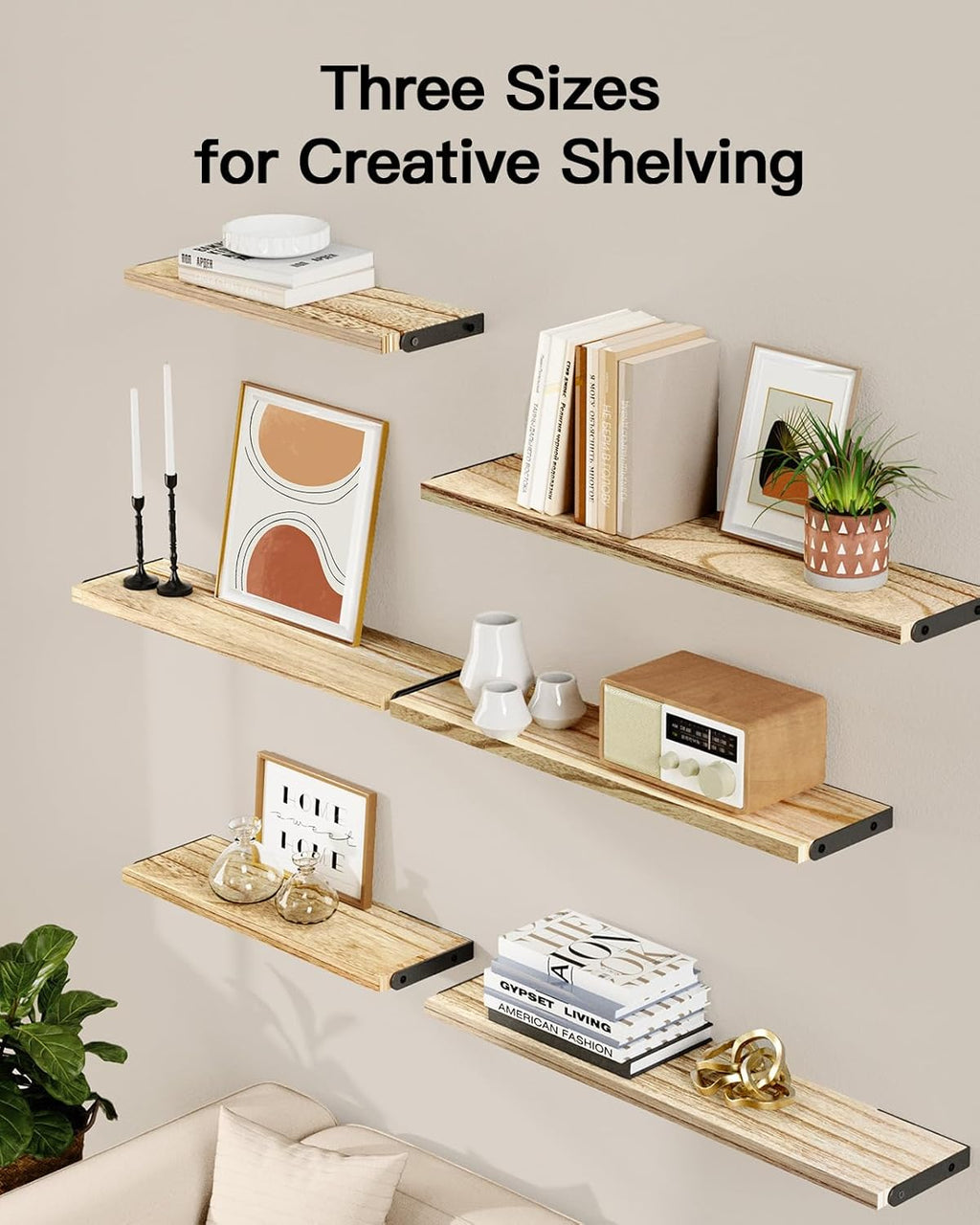 AMADA HOMEFURNISHING Long Wall Shelves, Rustic Farmhouse Style, Wood Floating Shelves for Wall Decor, Bathroom & Bedroom Storage, Living Room Book Shelves, 6pcs