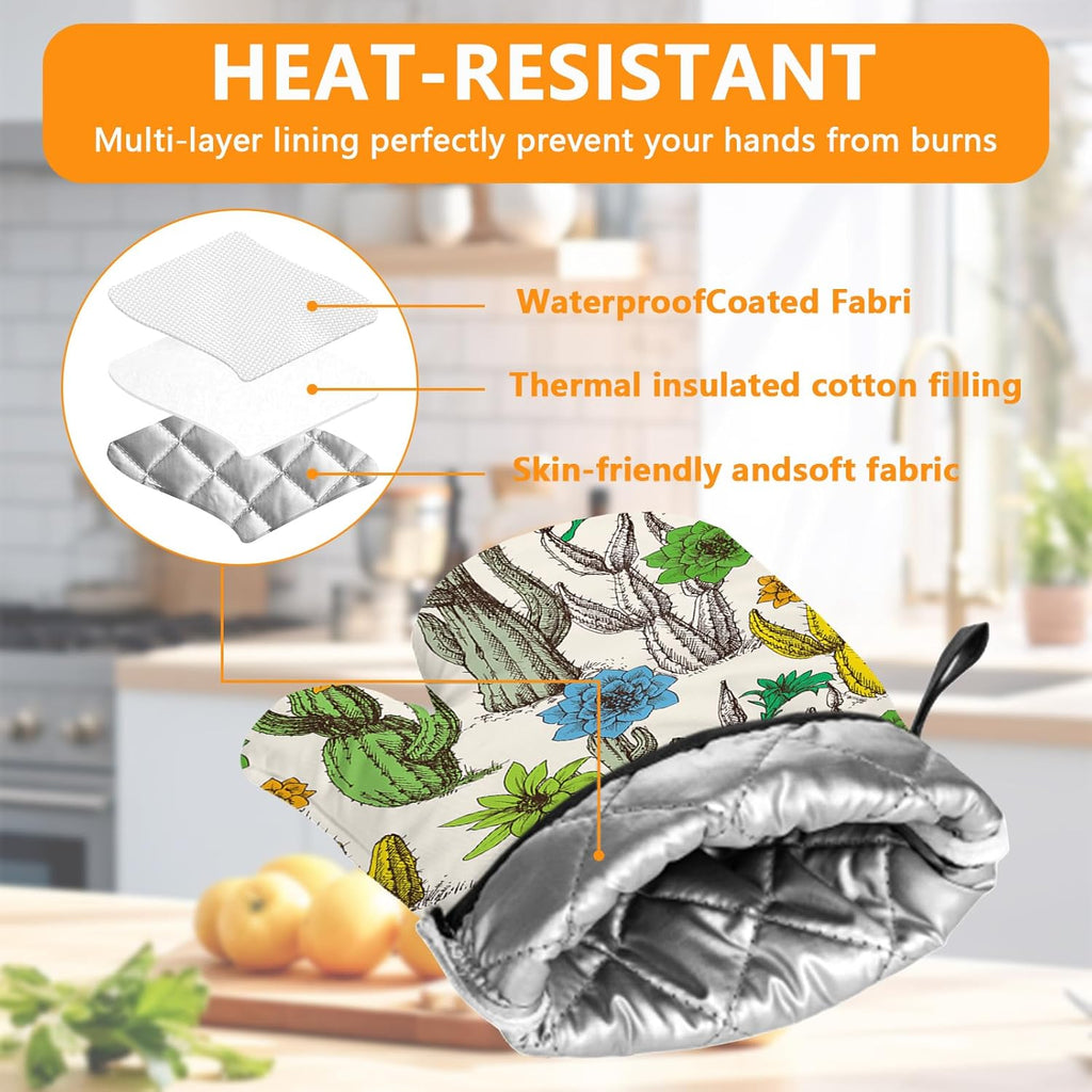 Cactus Flower Oven Mitts and Pot Holders Sets 4Pcs,Extra Long Oven Gloves Potholder for Kitchen Cooking Baking BBQ 100% Cotton Heat Resistant