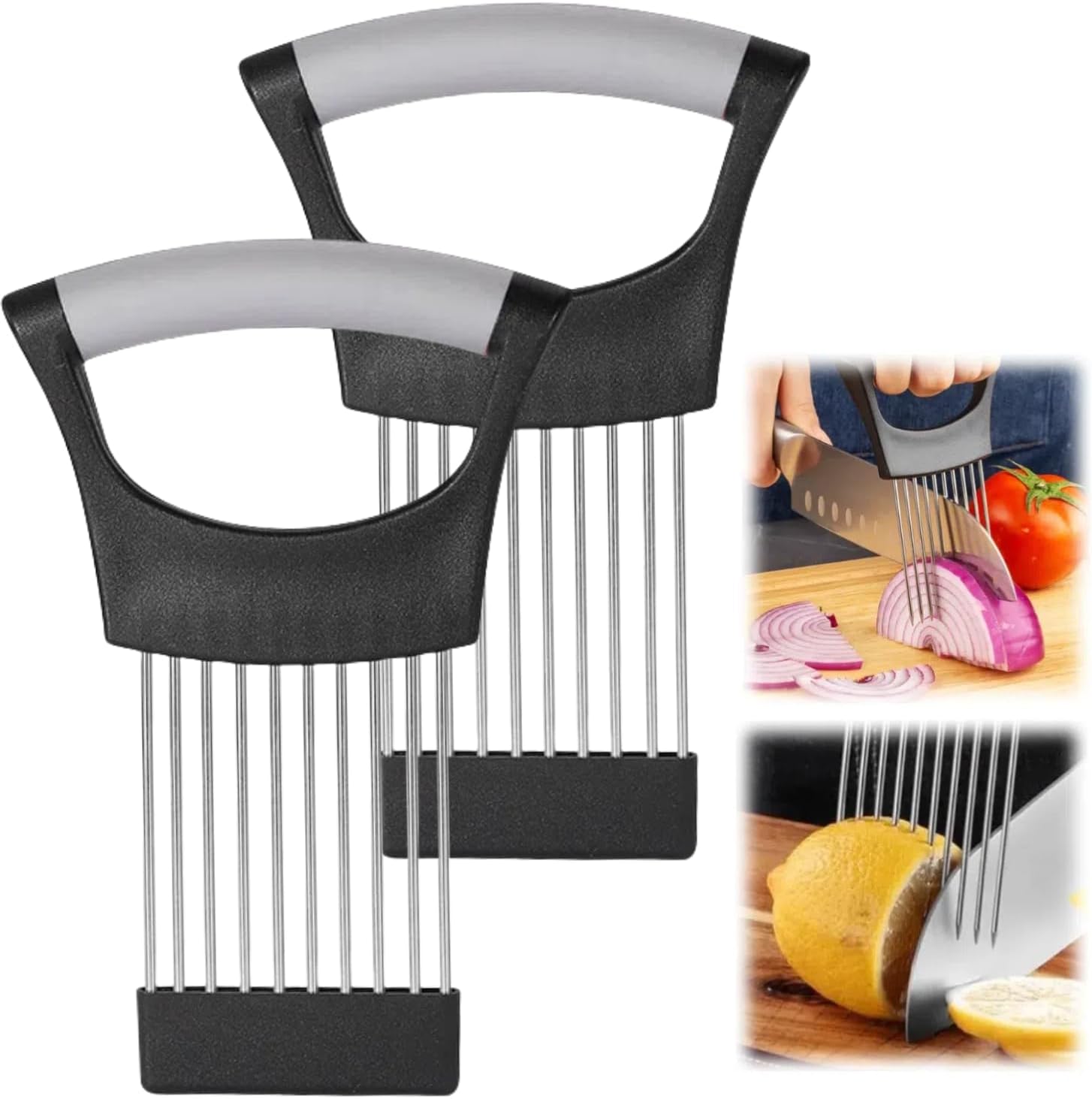Stainless Steel Onion Holder, 2 Pack - Slicing Assistant Tool for Onion, Potato, Tomato (Grey)