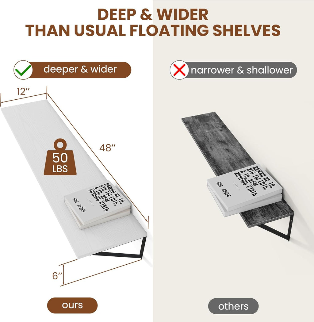 Heimlove White Deep Floating Shelves for Wall, 48W x 12D Wood Wall Shelves Set of 2, Wide Floating Bookshelf for Living Room, Kitchen, Office, Bedroom and Decor Storage, with Black Bracket - White