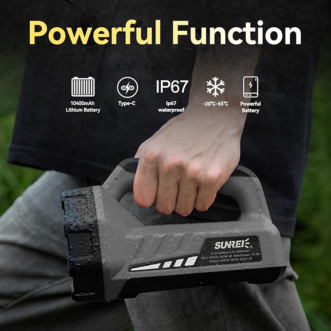 SUNREI Rechargeable LED 1200LM Flashlight, 8 Light Modes Portable Camping Lantern, 10400mAh Power Bank, IP67 Waterproof for Emergencies Power Outages, Hurricane Emergency, Hiking, Home, etc