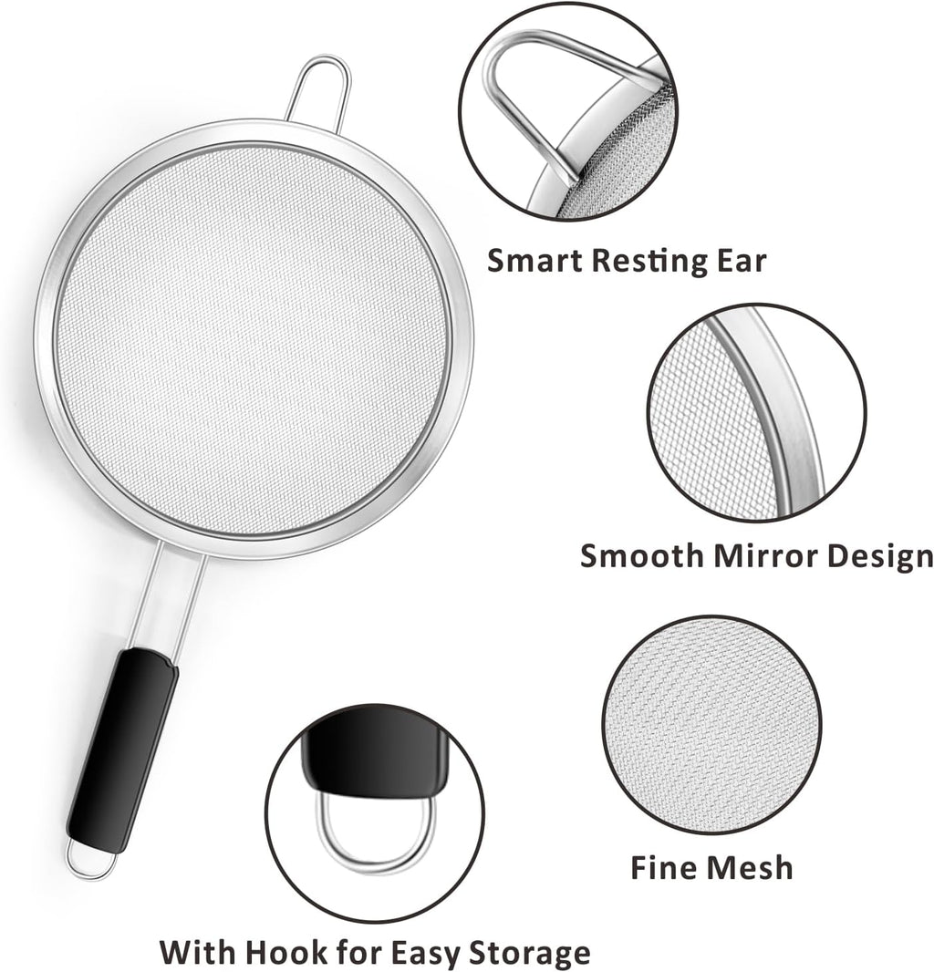 Yimi Fine Mesh Strainers Set, Stainless Steel Colanders and Sifters with Anti-Scald Handle for Sift, Strain, Drain and Rinse Vegetables, Quinoa Rice, Pastas and Tea - 2 Sizes, Ideal for Gift