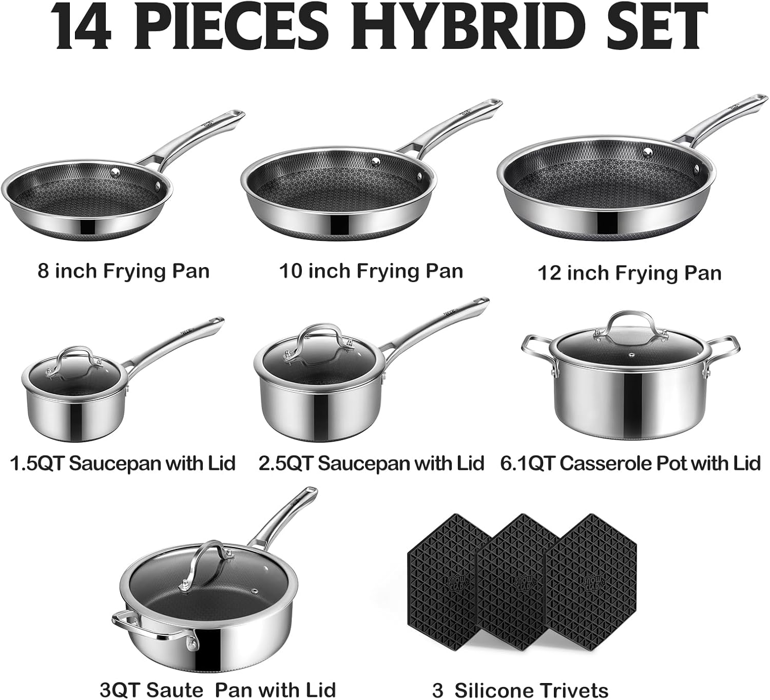 SNOWCLAD Pots and Pans Set Non Stick, 14 Pcs Hybrid Stainless Steel Cookware Sets, Non Stick Frying Pans, Saucepans, Saute Pan & Stock Pot, PFOA Free Kitchen Skillet,Induction Compatible