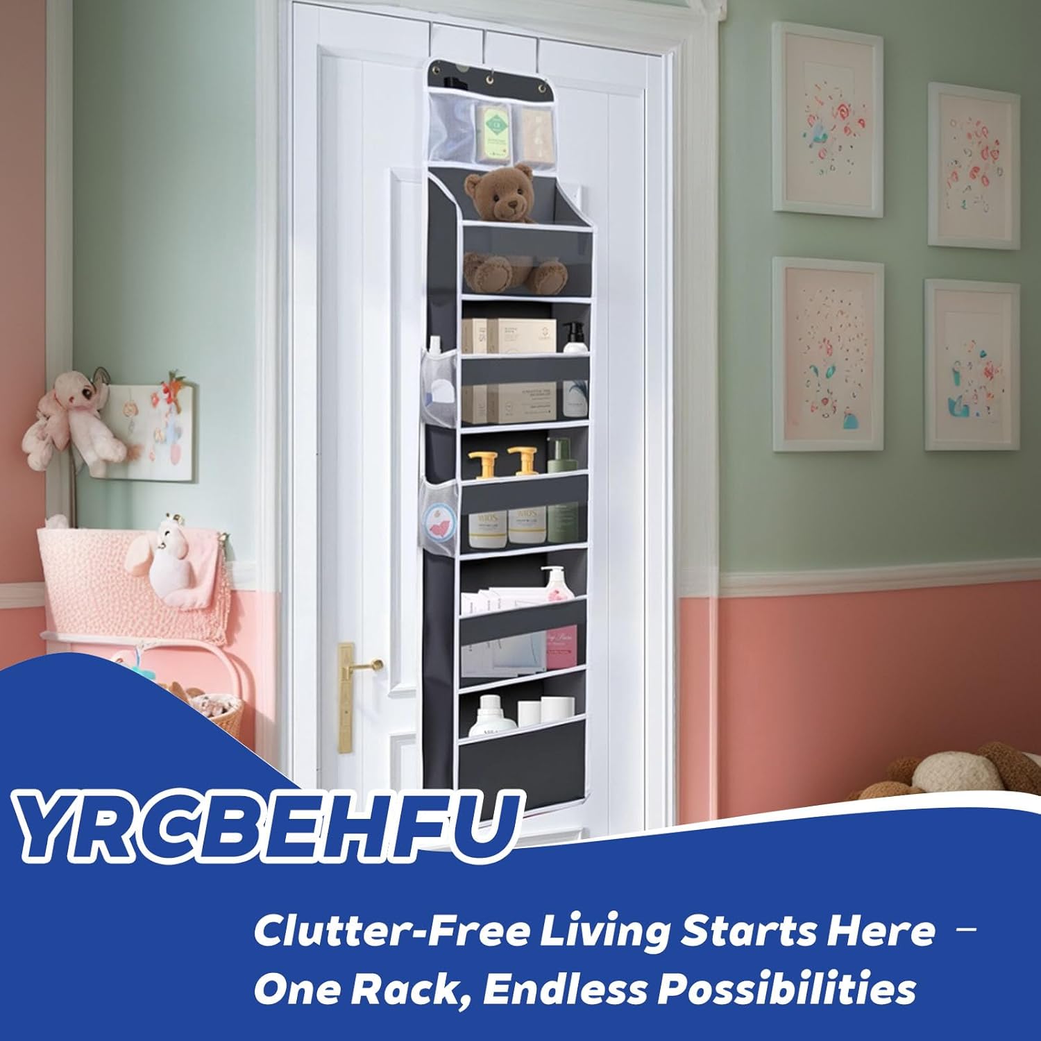 Over The Door Organizer - 6 Capacity Large Pockets & 7 Mesh Compartments, Anti-Tilt Design Holds 44 lbs, for Bathroom, Nursery, Dorm, Pantry & Laundry Storage (Deep Grey)