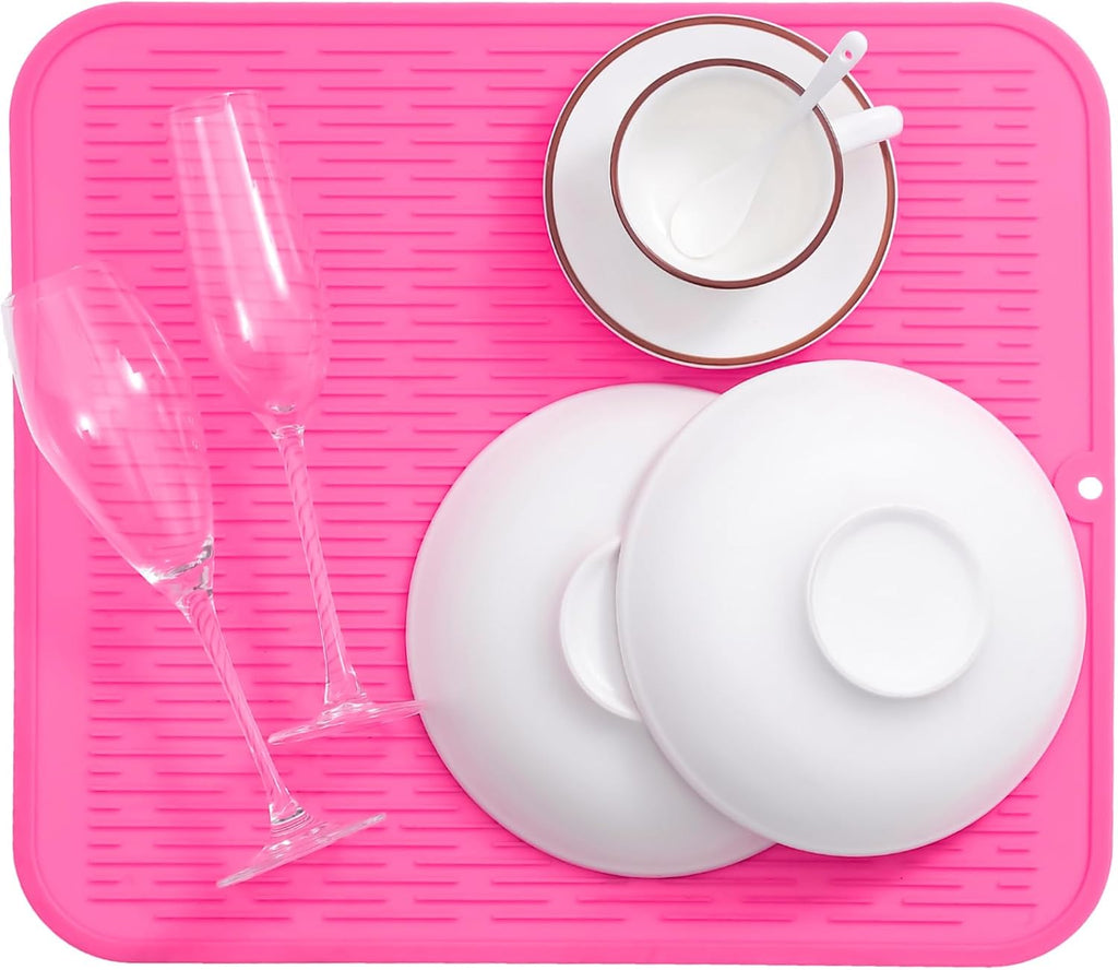 Silicone Dish Drying Mat for Multiple Usage,Easy clean,Eco-friendly,Heat-resistant Silicone Mat for Kitchen Counter or Sink,Refrigerator or Drawer Liner Rose XL 18 inches x 16 inches