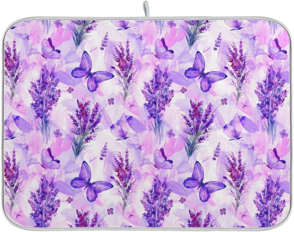 Purple Lavender Butterfly Dish Drying Mat for Kitchen Counter Absorbent Microfiber Drying Pad, Large 18x24 in, Reversible Drainer Mats