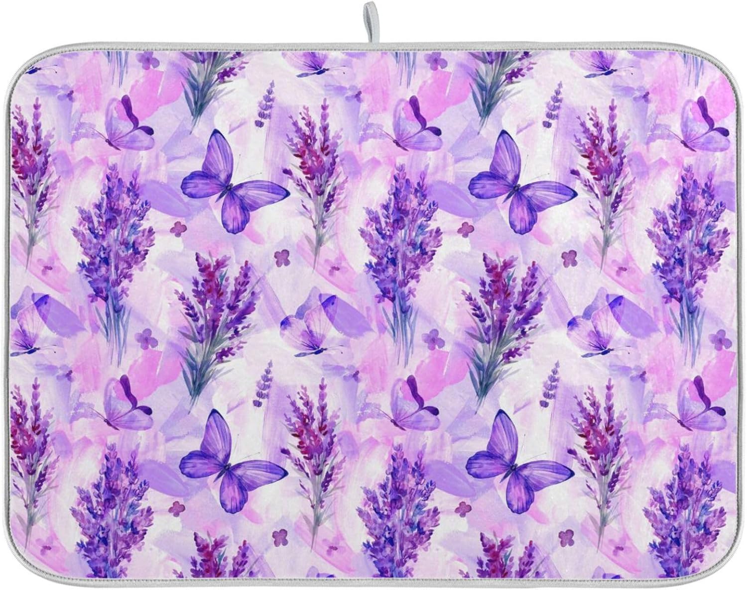 Purple Lavender Butterfly Dish Drying Mat for Kitchen Counter Absorbent Microfiber Drying Pad, Large 18x24 in, Reversible Drainer Mats