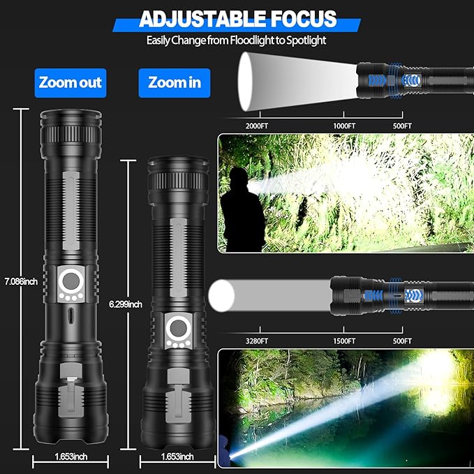 Rechargeable Tactical Flashlights High Lumens,100,000 Lumens Super Bright LED Flashlight,Powerful Flash Light with 5 Modes,Waterproof,Power Handheld Flashlight for Emergency,Camping,Hurricane,Hiking