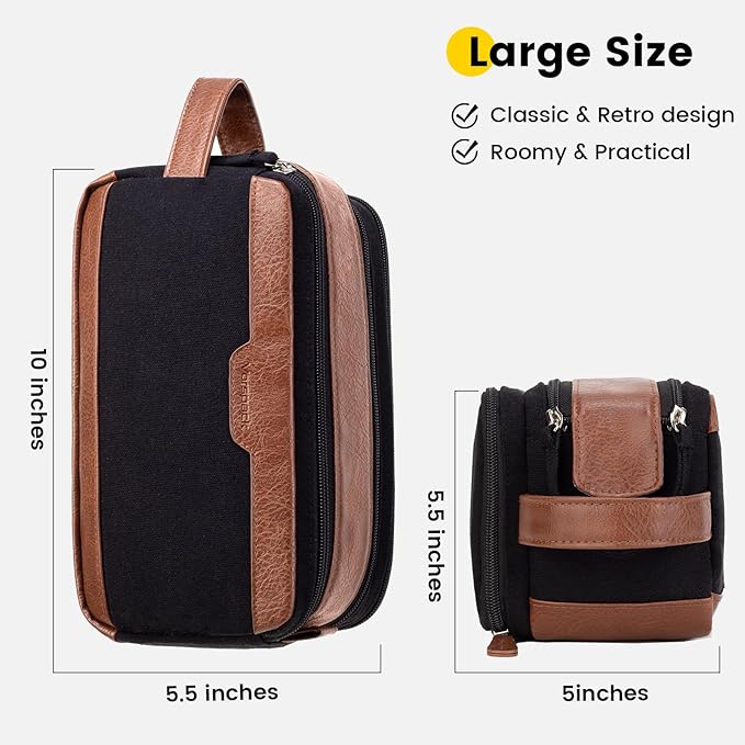 Vorspack Travel Toiletry Bag for Men - Canvas Dopp Kit Water Resistant Skincare Bag Large Shaving Bag for Bathroom Toiletries Accessories Gifts - Black