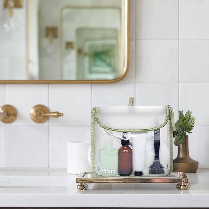 (re)zip Zippered TSA-Compliant Travel Quart Bag | Zippered, Reusable, Storage Bag for Toiletries, Makeup, Suitcase Organization | BPA-Free, Food Grade, Machine Washable (Clear, Sage Piping)