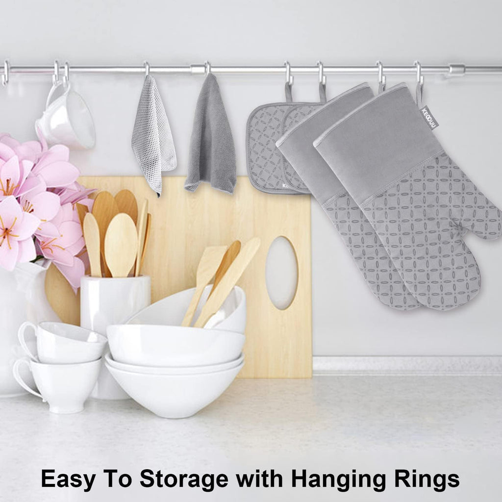 KEGOUU Oven Mitts and Pot Holders 6pcs Set, Kitchen Oven Glove High Heat Resistant 500 Degree Extra Long Oven Mitts and Potholder with Non-Slip Silicone Surface for Cooking (Light Gary)