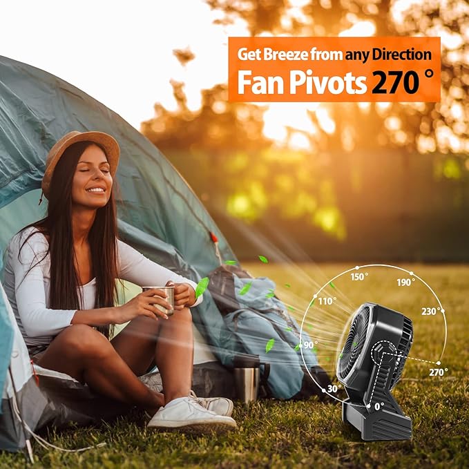 20000mAh Camping Fan, Rechargeable Portable Fan with 400 Lumes Light, 360° Rotatable Hook, 270° Pivot, 4 Speeds, 58Hrs Battery Powered for Tent Car Trip Outdoor BBQ Hurricane Power Outages