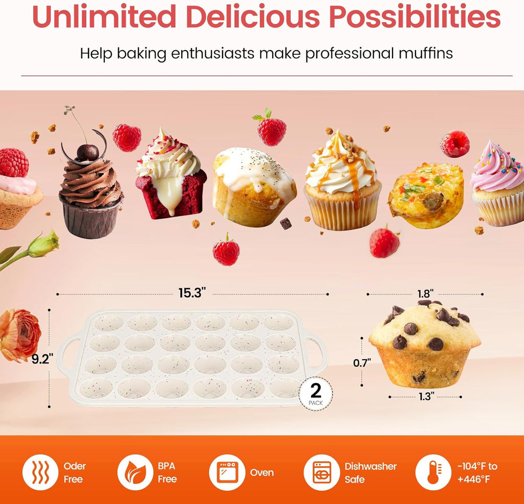 Muffin Pans With Metal Reinforced Frame - 24 Cups Durable Silicone Baking Pan for Muffins, Cupcakes, BPA Free and Dishwasher Safe - Beige with Rainbow Spots, Set of 2