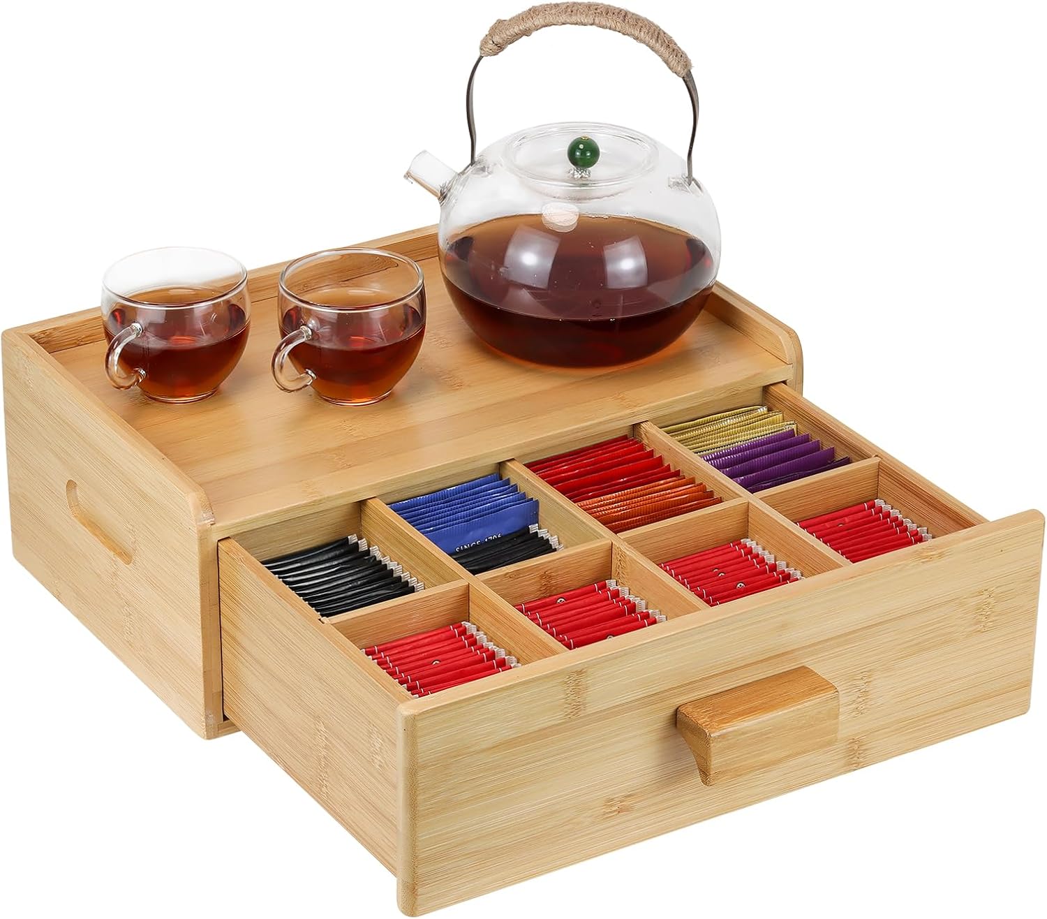 Bamboo Tea Bag Organizer, Slide Drawer Storage Box with 8 Compartments, Eco-Friendly Countertop Holder Display for Teabags, Tea Station Chest, Organizador De Te