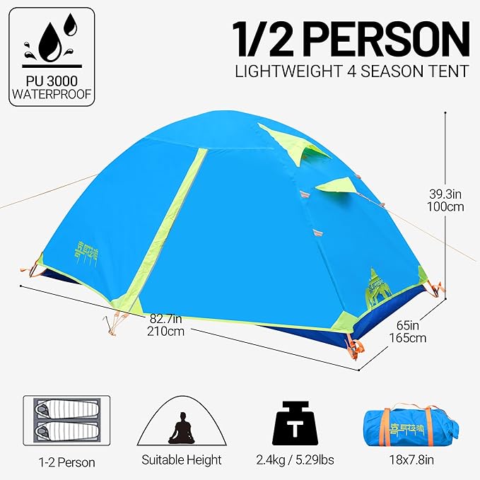 Himalaya 1/2 Person Camping Tent, 4 Season Tent Backpacking Winter Tent Waterproof Windproof Lightweight Portable PU5000 for Outdoor Camping Cold Weather Hiking Mountaineering