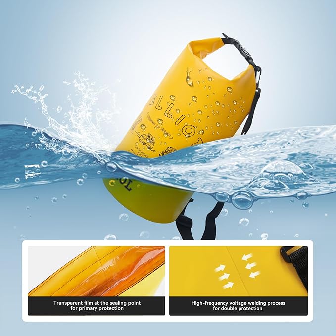 10L Waterproof Dry Bag Tough & Water-repellent Storage Bag with Adjustable Shoulder Strap Lightweight Portable Shoulder Dry Bags for Kayaking Boating Camping Yellow