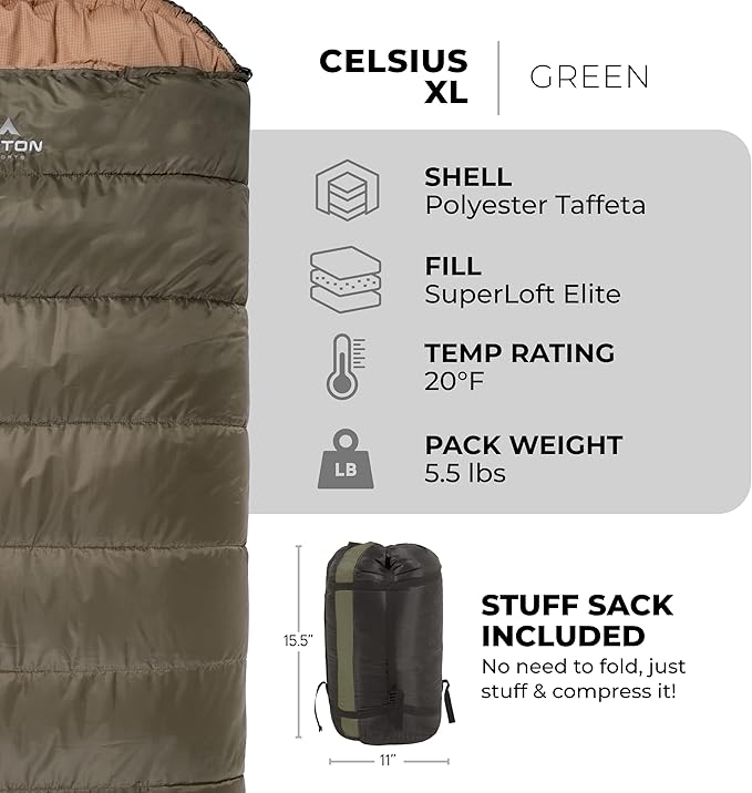 TETON Celsius XL, -25F, 20F, 0F Degree Sleeping Bags, All Weather Warm Sleeping Bag for Adults and Kids, Camping Season, Compression Sack Included