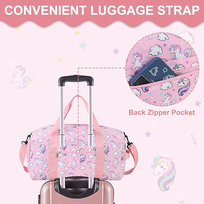 Duffle bag for Girls,RAVUO Water Resistant Travel Overnight Weekend Bag Carry On Bag for Gym Sport Dance with Shoe Compartment and Wet Pocket Unicorn