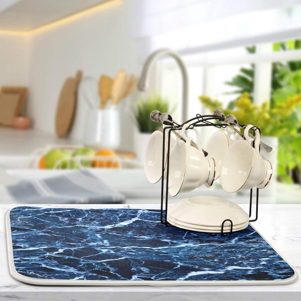 Super Absorbent Dish Drying Mat, Microfiber Fast-Drying Dish Mat, 24" x 18, Kitchen Dish Drying Pad, Navy Blue Marble…