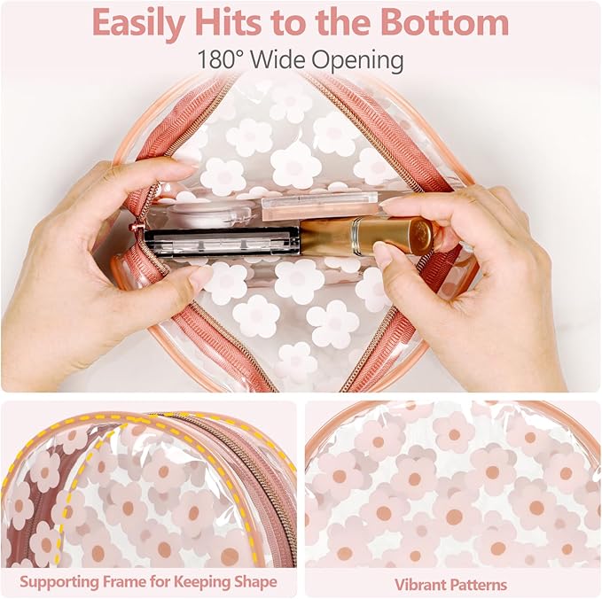 PACKISM TSA Approved Toiletry Bag - Rose Pink Flower Print Clear Shell Bag and Upgrade Color-Edged Quart Size Bag, Perfect for On the Go or Travel, Lightweight and Robust, 2 Pack