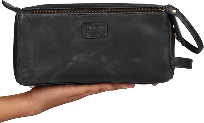 LEATHER VILLAGE Premium Leather Travel Toiletry Bag - Unisex Water-Resistant Travel Dopp Kit, Shaving & Cosmetic Organizer for Men & Women - Compact Bathroom Essentials - Distressed Black