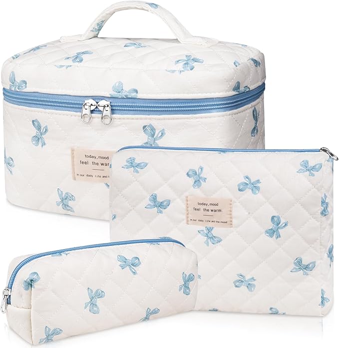 3PC Makeup Bag Set, Quilted Makeup Bag, Large Floral Cosmetic Bag for Women, Cute Cotton Makeup Bags, Flower Travel Toiletry Organizer Bag (White and Blue Bow)