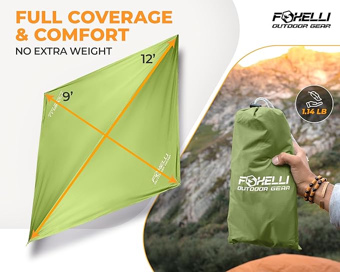 Foxelli Hammock Rain Fly - Waterproof Lightweight Tent & Hammock Rain Tarp for Camping, Backpacking w/Easy Setup Including Extra Long Guy Lines & Stakes