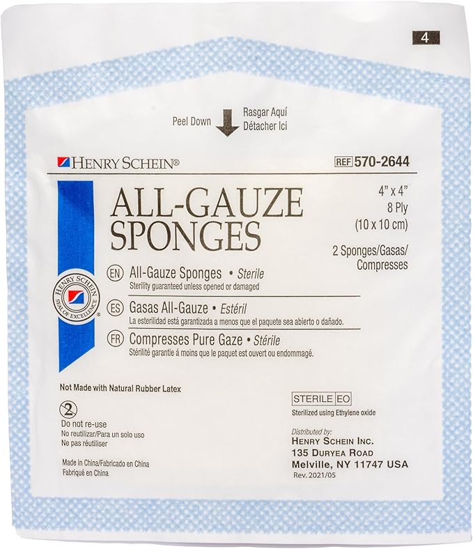 Premium 100% Cotton All-Gauze Sponge 4x4 8 Ply Sterile Square for Wound Care & Home First Aid Kits - 50/Box