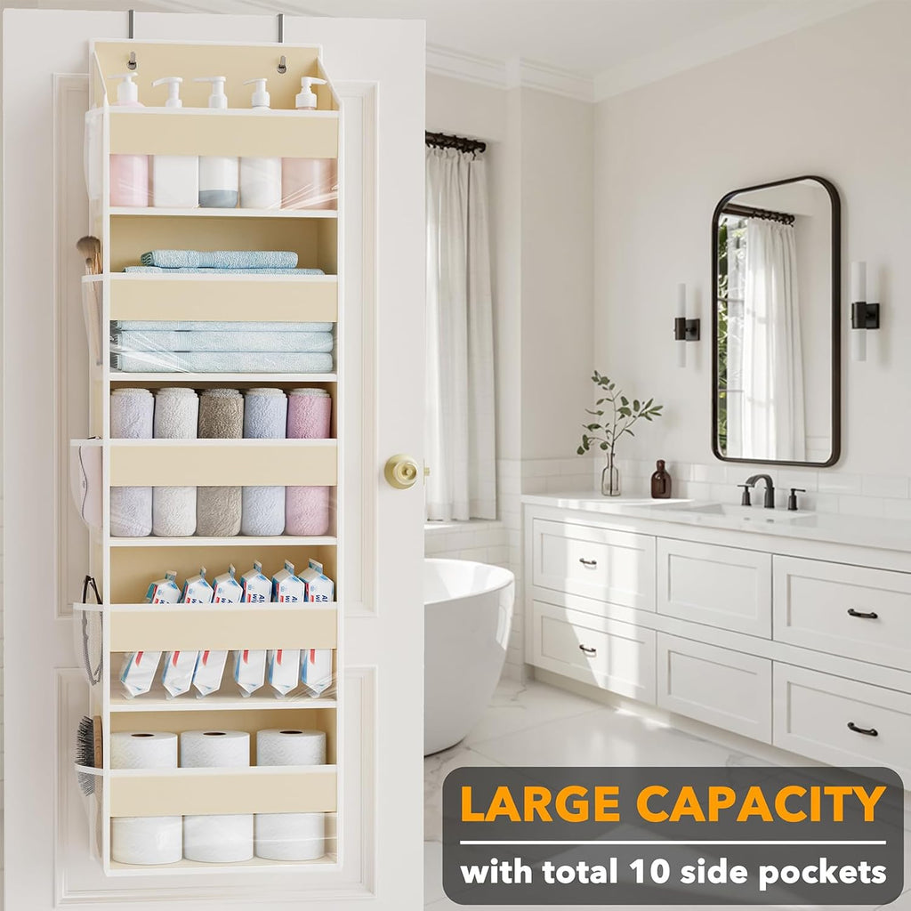 SpaceAid 2 Pack Over The Door Organizer with 5 Large Pockets and 10 Mesh Side Pockets, 5 Layers Door Organizer Hanging with Clear Window for Bedroom, Bathroom, Pantry and Nursery, Beige