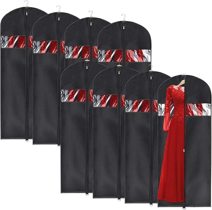 Univivi Garment Bag 60 inch Lightweight Suit Bags for Closet Storage, 8 Pack Garment Bag for Dresses Long with Zipper and Eye-Hole Carry Handles for Folding for Tuxedos Coats Dresses, Black