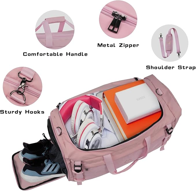 Eackrola Large Sports Gym Bag, Travel Duffel bag with Wet Pocket & Shoes Compartment for men women, 65L, Lightweight（Pink）