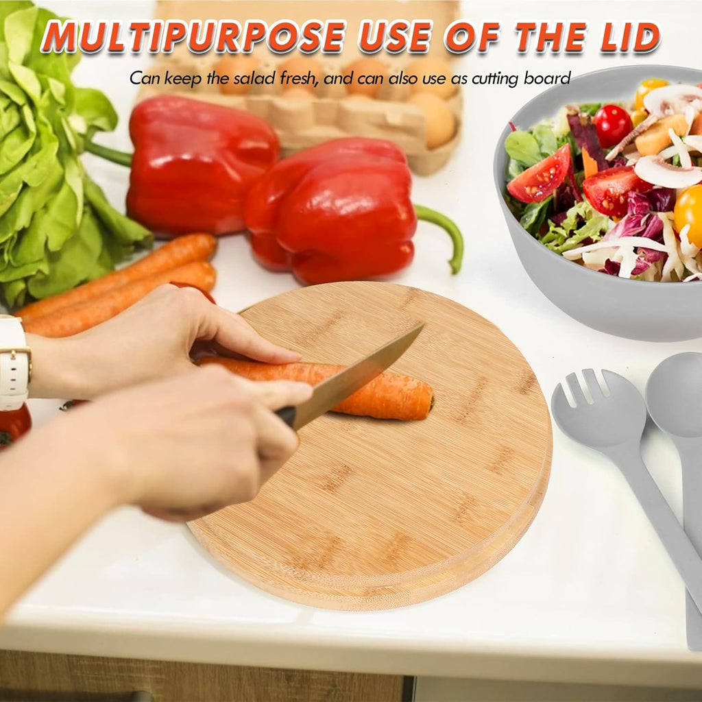 Large Salad Bowl with Lid, Bamboo Fiber Salad Serving Bowl Set with Utensils, 9.8inches Mixing Bowl with Servers, Solid Bamboo Wooden Bowl for Salad, Fruits, Vegetables and Pasta(Gray)