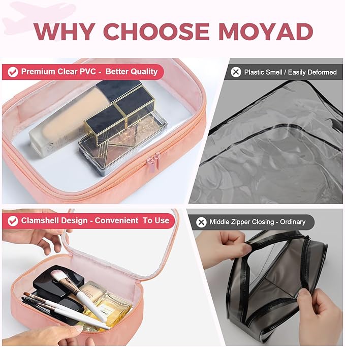 Moyad TSA Approved Clear Toiletry Bag, 1 Pack Quart Size 3-1-1 Liquids Pouch for Travel, Transparent Makeup & Cosmetic Organizer for Women Men, Peach Pink